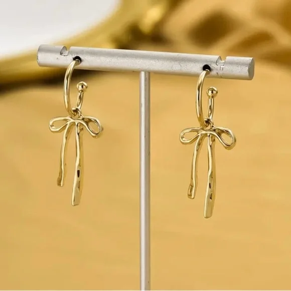 NEW Coquette bow dangle drop earrings coquette trendy bow jewelry gold - Picture 5 of 5